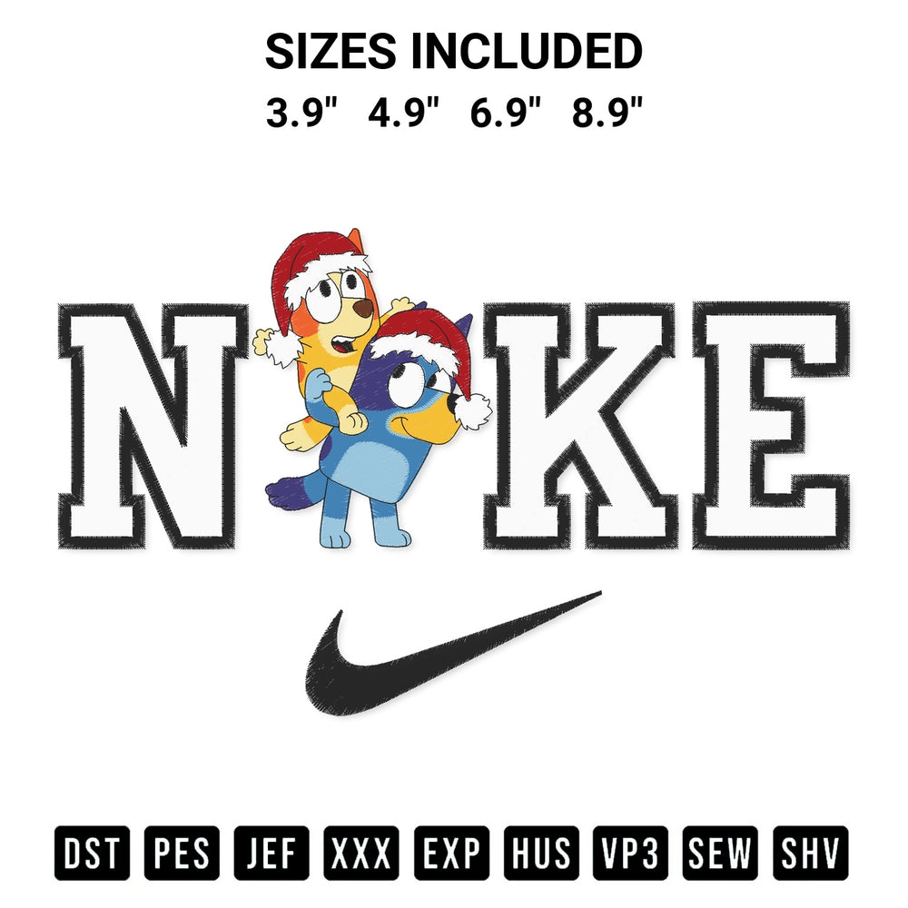 Create amazing crafts with the Nike Bluey Carrying Bingo Christmas Embroidery Design embroidery file. High-quality digital download from Designspacks.com, perfect for beginners and pros. Available sizes: 3.9", 4.9", 6.9", 8.9".