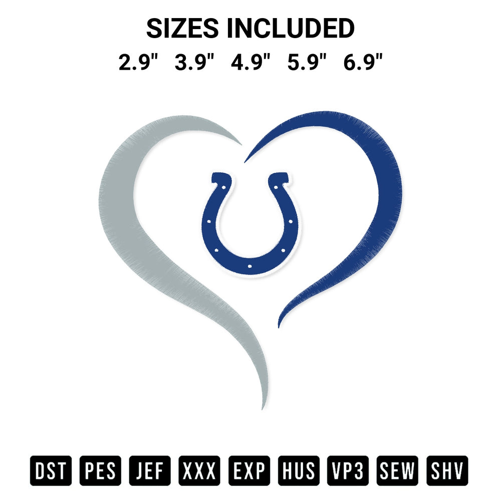Get the Indianapolis Colts Heart Football Embroidery Design embroidery design for your custom crafts! Premium digitized files available for instant download at Designspacks.com. Available sizes: 2.9", 3.9", 4.9", 5.9", 6.9".