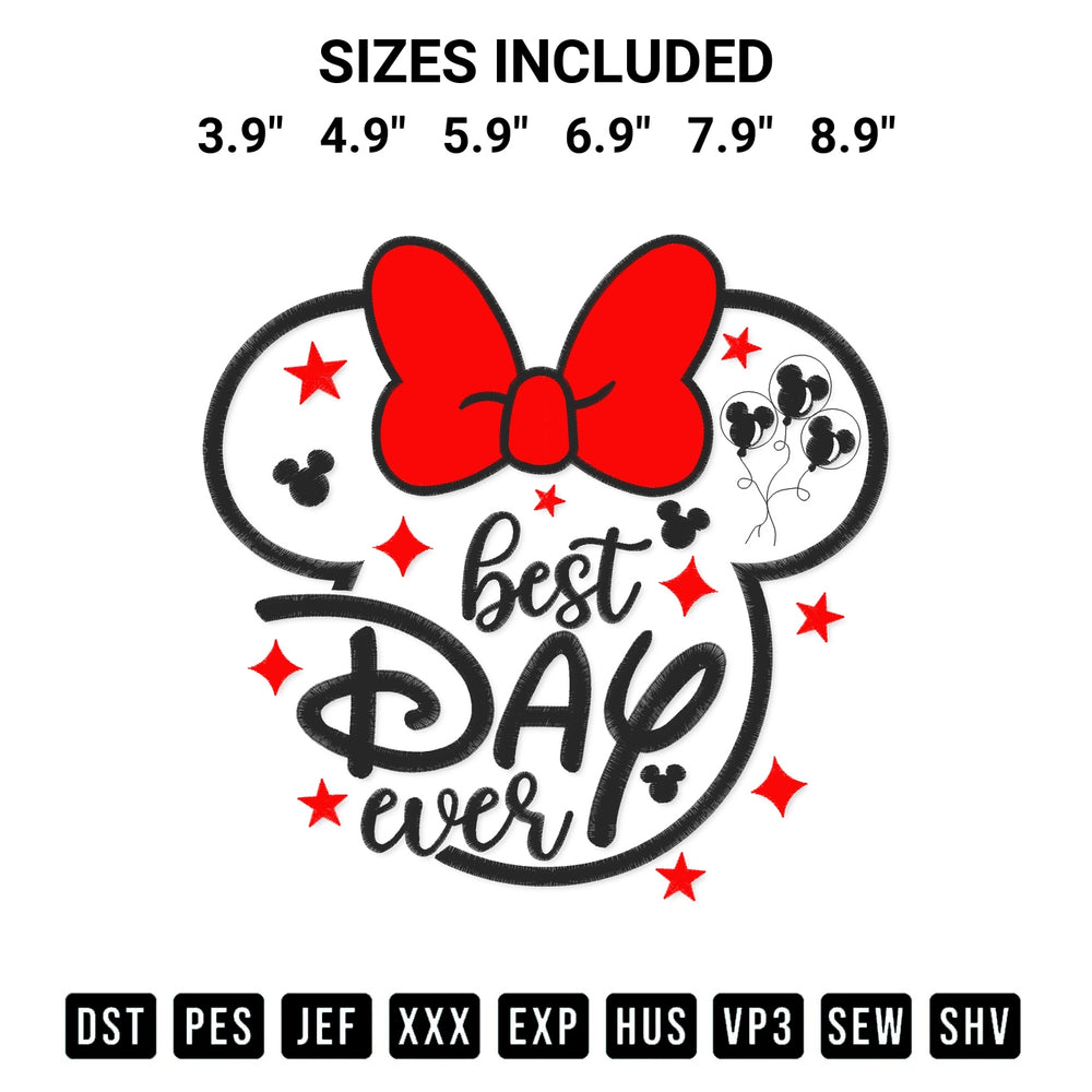 Transform your fabrics with the Best Day Ever Minnie Ear Embroidery Design embroidery design. Instant access to premium digitized patterns at Designspacks.com. Available sizes: 3.9", 4.9", 5.9", 6.9", 7.9", 8.9".