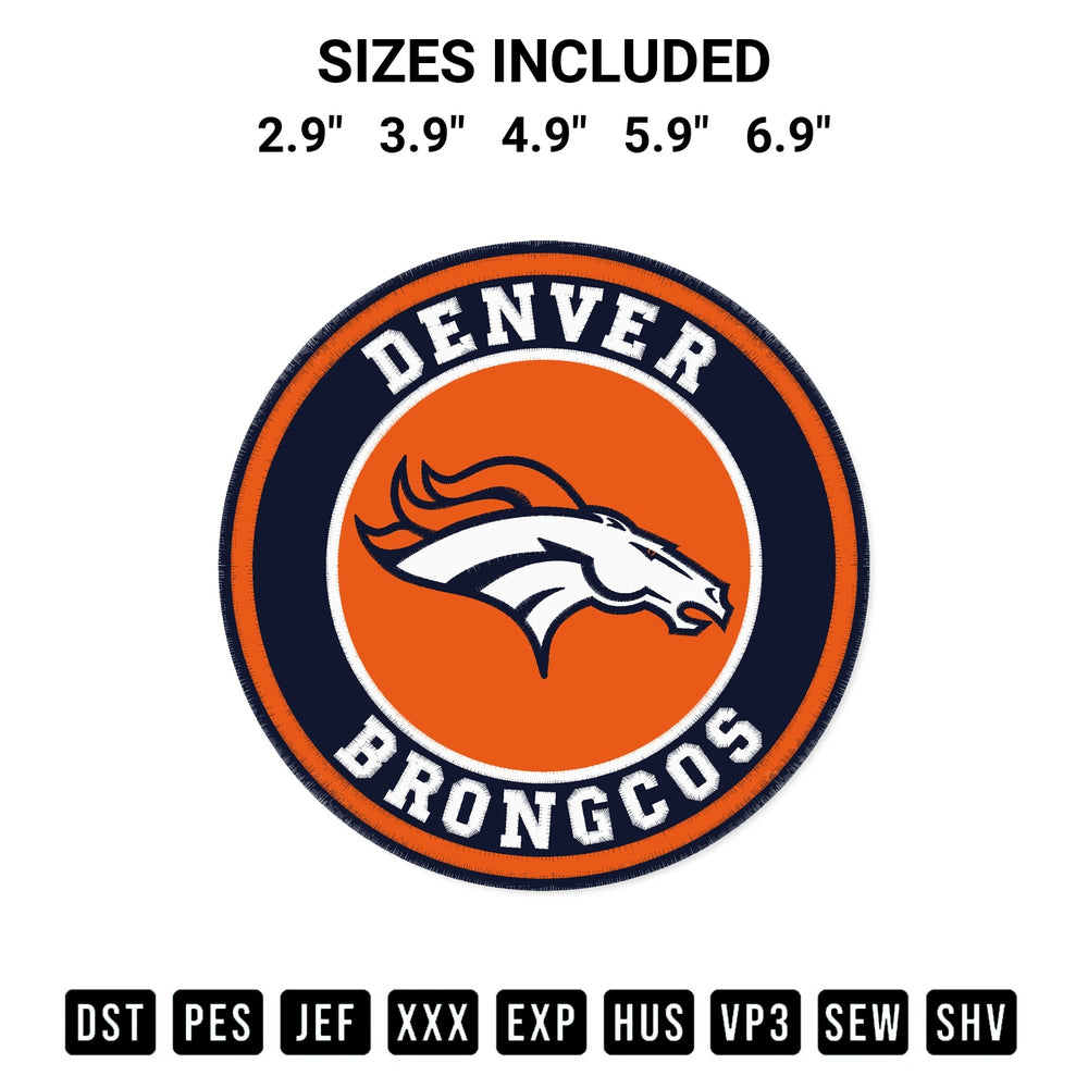 Discover the perfect addition to your crafting collection: Denver Broncos Circle Logo Embroidery Design embroidery file. Instantly available at Designspacks.com. Available sizes: 2.9", 3.9", 4.9", 5.9", 6.9".