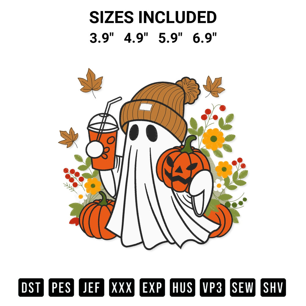 Transform your fabrics with the Ghost With Coffee And Pumpkin Embroidery Design embroidery design. Instant access to premium digitized patterns at Designspacks.com. Available sizes: 3.9", 4.9", 5.9", 6.9".