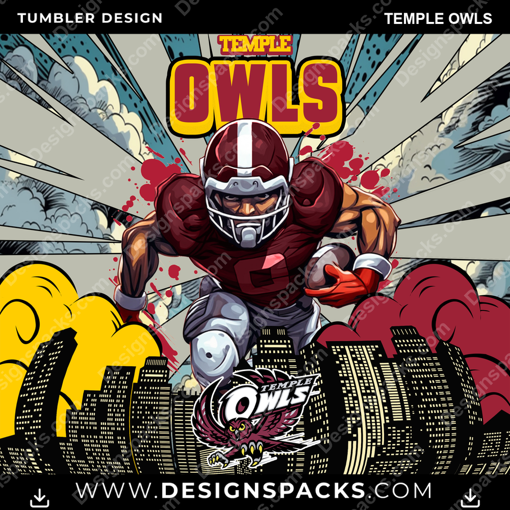College Sport Comic Cover Temple Owls Tumbler Digital Wrap Design