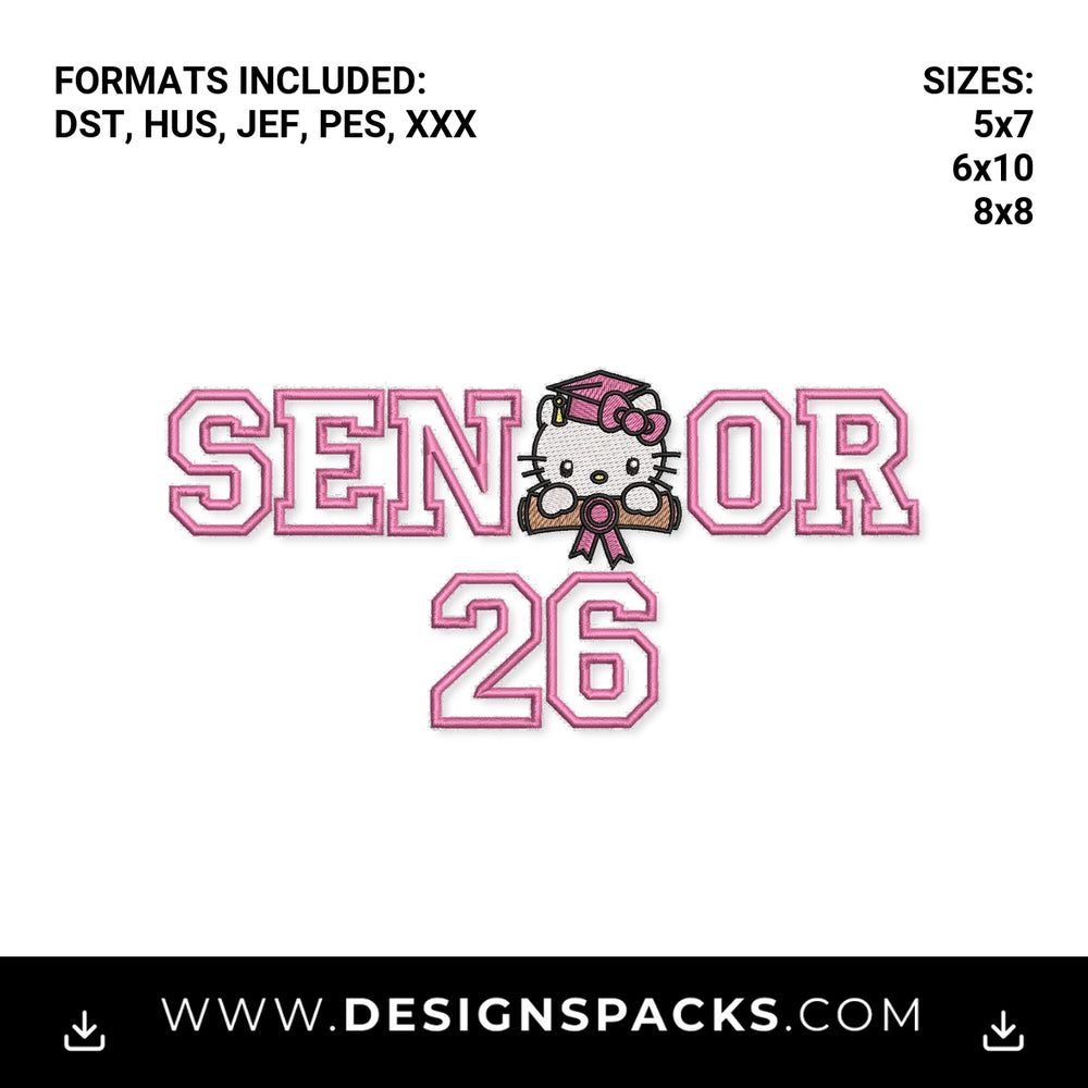 Pink Senior 26 Kitty Graduate Embroidery Design - Instant digital download pattern at Designspacks.com