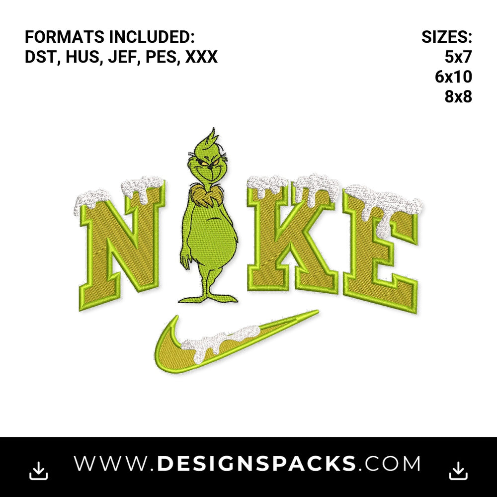 Christmas Grinch Snowy Nike Swoosh Embroidery Design - Instant digital download pattern at Designspacks.com