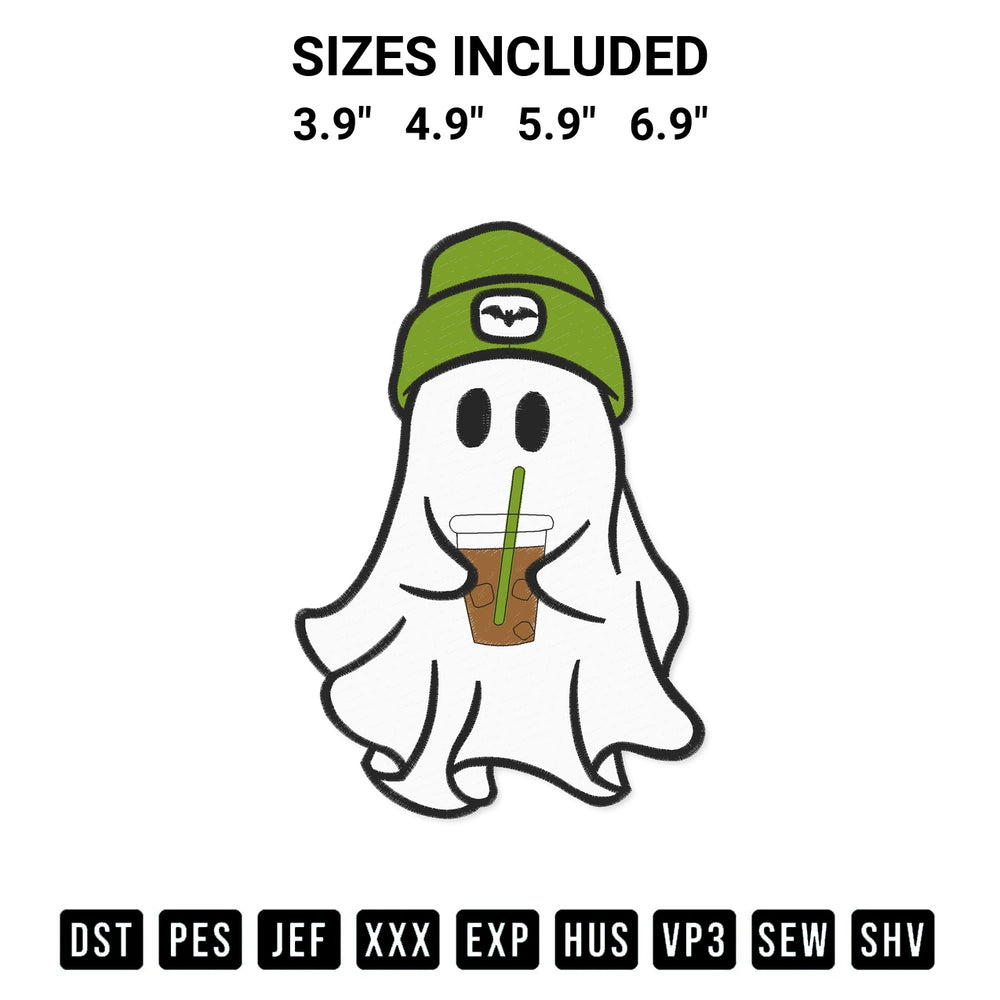 Discover the perfect addition to your crafting collection: Ghost Drinking Iced Coffee Embroidery Design embroidery file. Instantly available at Designspacks.com. Available sizes: 3.9", 4.9", 5.9", 6.9".
