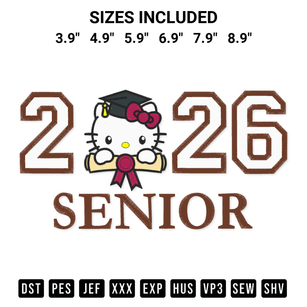 Discover the perfect addition to your crafting collection: Senior 2026 Kitty Embroidery Design embroidery file. Instantly available at Designspacks.com. Available sizes: 3.9", 4.9", 5.9", 6.9", 7.9", 8.9".