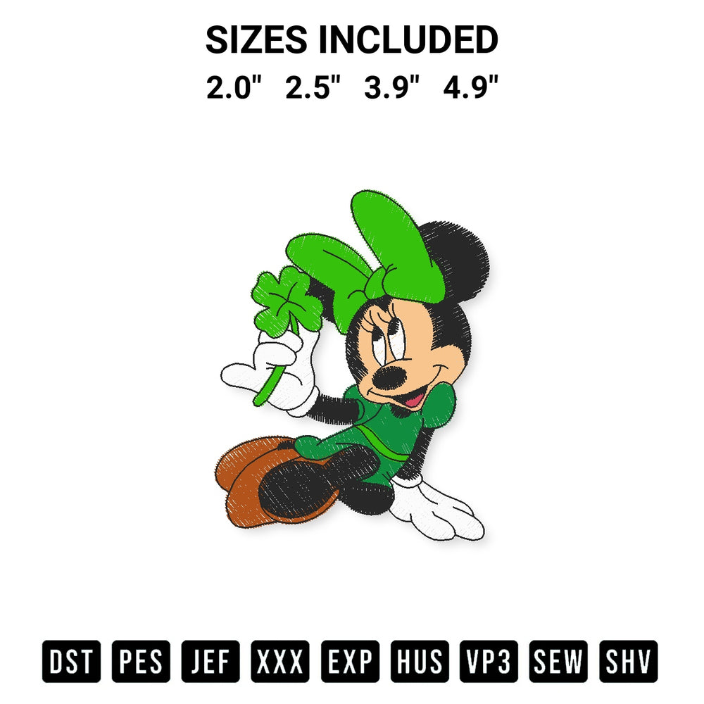 Transform your fabrics with the Minnie Mouse St Patricks Day Embroidery Design embroidery design. Instant access to premium digitized patterns at Designspacks.com. Available sizes: 2.0", 2.5", 3.9", 4.9".