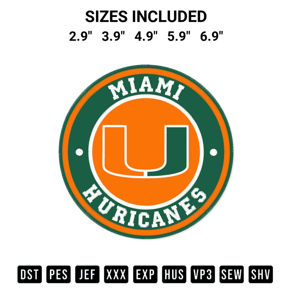 Transform your fabrics with the Miami Hurricanes Circle Logo Embroidery Design embroidery design. Instant access to premium digitized patterns at Designspacks.com. Available sizes: 2.9", 3.9", 4.9", 5.9", 6.9".