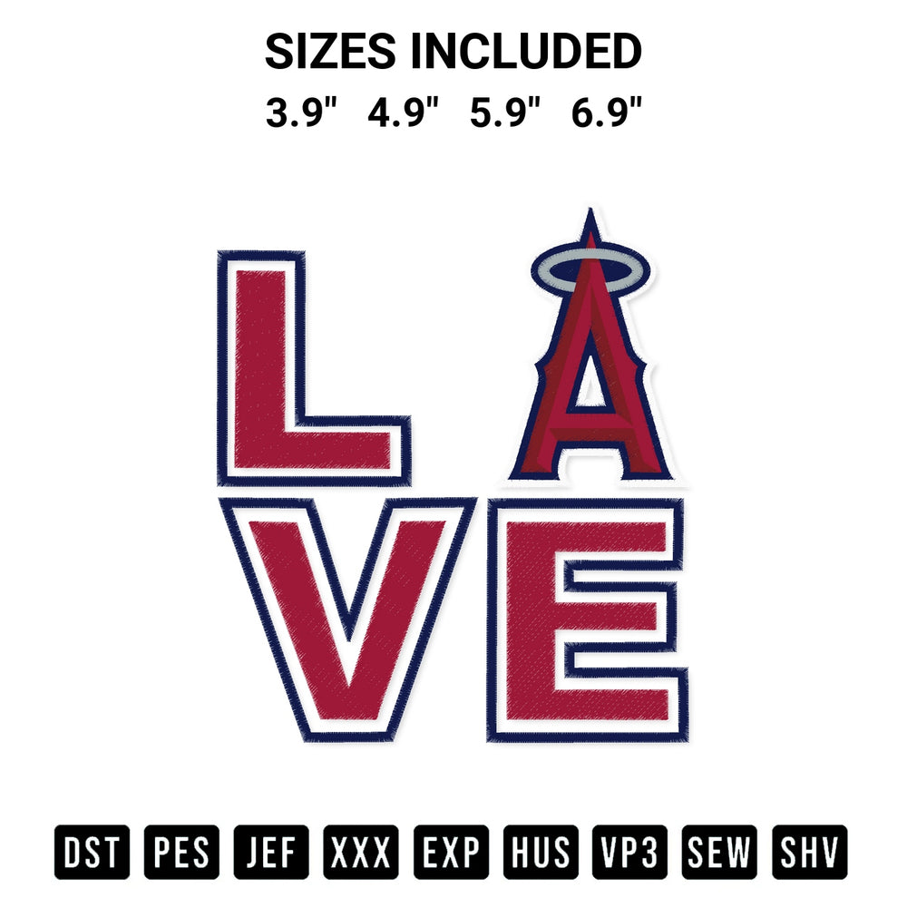 Transform your fabrics with the Love Los Angeles Angels Embroidery Design embroidery design. Instant access to premium digitized patterns at Designspacks.com. Available sizes: 3.9", 4.9", 5.9", 6.9".