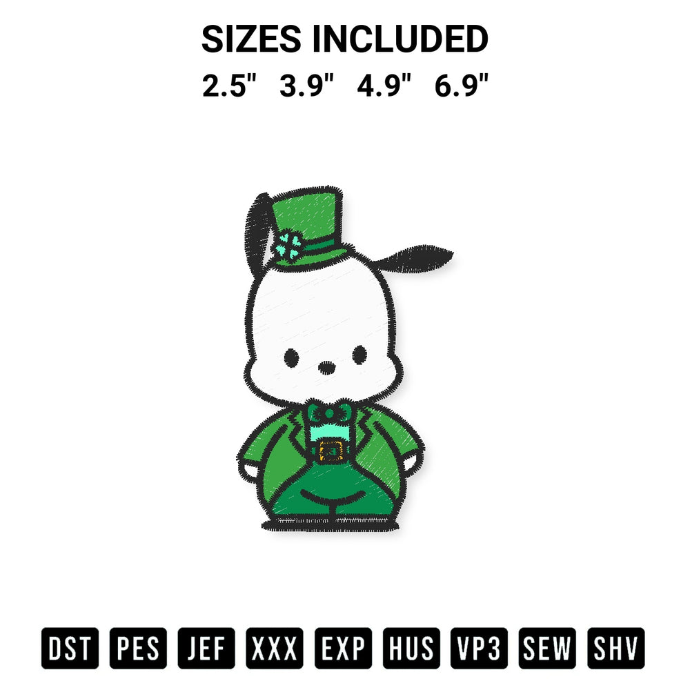 Stitch like a pro with the Pochacco Patricks Day Embroidery Design embroidery pattern from Designspacks.com. High-quality digital machine embroidery file. Available sizes: 2.5", 3.9", 4.9", 6.9".