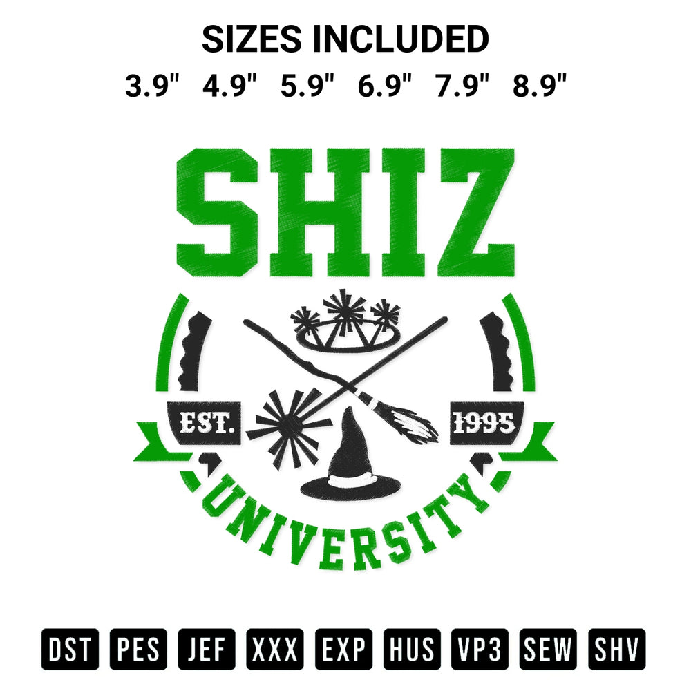 Shop the Shiz University Est 1995 Embroidery Design machine embroidery pattern at Designspacks.com. Beautifully digitized for flawless stitching on any fabric. Available sizes: 3.9", 4.9", 5.9", 6.9", 7.9", 8.9".