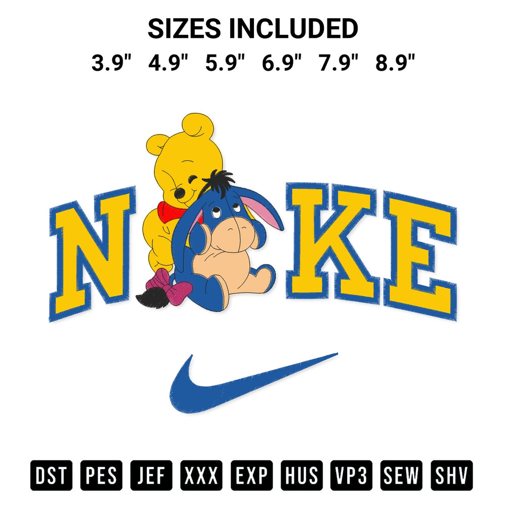 Shop the Pooh And Eeyore X Nike Embroidery Design machine embroidery pattern at Designspacks.com. Beautifully digitized for flawless stitching on any fabric. Available sizes: 3.9", 4.9", 5.9", 6.9", 7.9", 8.9".