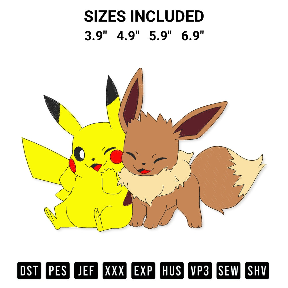Shop the Pikachu And Eevee Embroidery Design machine embroidery pattern at Designspacks.com. Beautifully digitized for flawless stitching on any fabric. Available sizes: 3.9", 4.9", 5.9", 6.9".