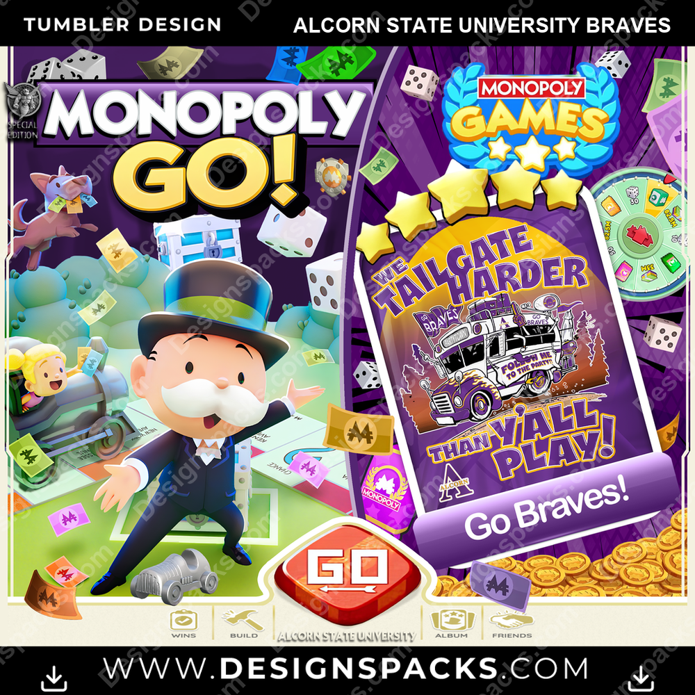 College Sport Monopoly Go! Alcorn State University Braves NCAA Tumbler Digital Wrap Design Download