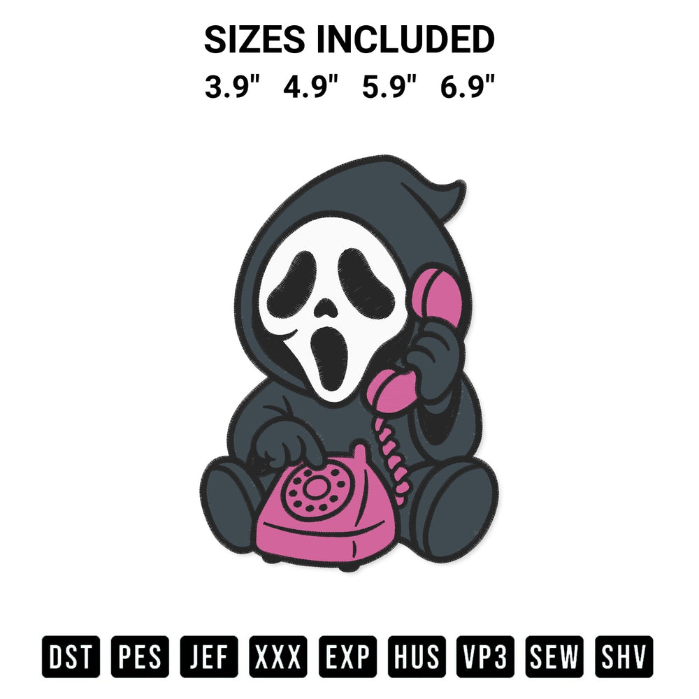 Add a unique touch to your apparel with the Ghostface Scream With Pink Phone Embroidery Design embroidery file. Premium instant download available now on Designspacks.com. Available sizes: 3.9", 4.9", 5.9", 6.9".