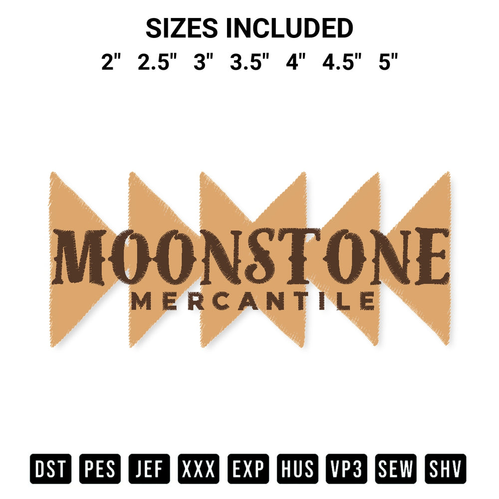 Shop the Moonstone Mercantile Logo Embroidery Design machine embroidery pattern at Designspacks.com. Beautifully digitized for flawless stitching on any fabric. Available sizes: 2", 2.5", 3", 3.5", 4", 4.5", 5".