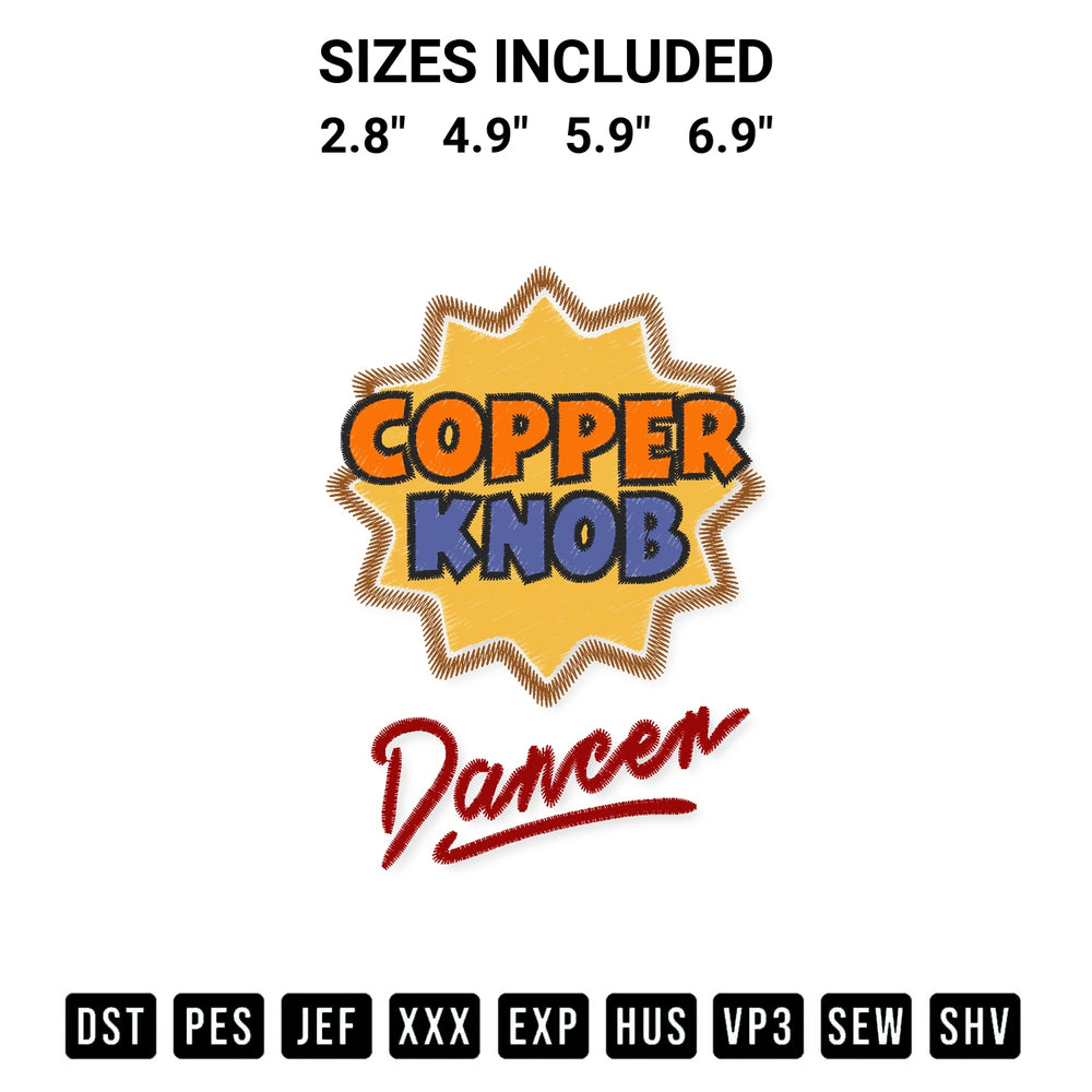 Transform your fabrics with the Copperknob Dancer Embroidery Design embroidery design. Instant access to premium digitized patterns at Designspacks.com. Available sizes: 2.8", 4.9", 5.9", 6.9".
