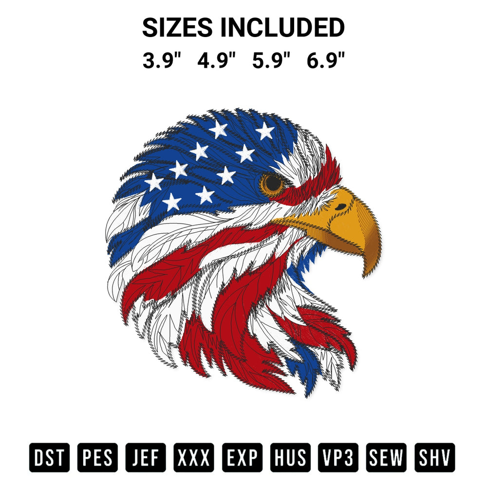Add a unique touch to your apparel with the American Eagle Embroidery Design embroidery file. Premium instant download available now on Designspacks.com. Available sizes: 3.9", 4.9", 5.9", 6.9".