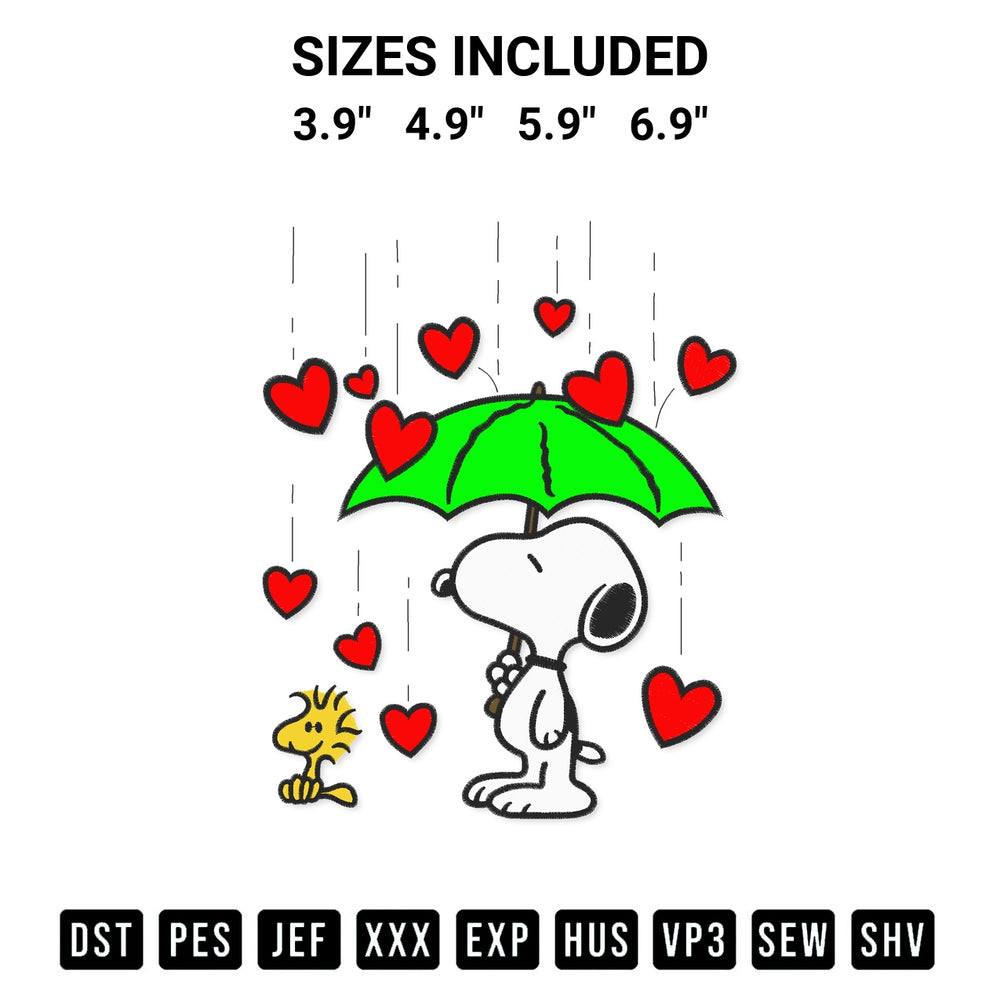 Create amazing crafts with the Snoopy In The Rain Of Hearts With Woodstock Embroidery Design embroidery file. High-quality digital download from Designspacks.com, perfect for beginners and pros. Available sizes: 3.9", 4.9", 5.9", 6.9".