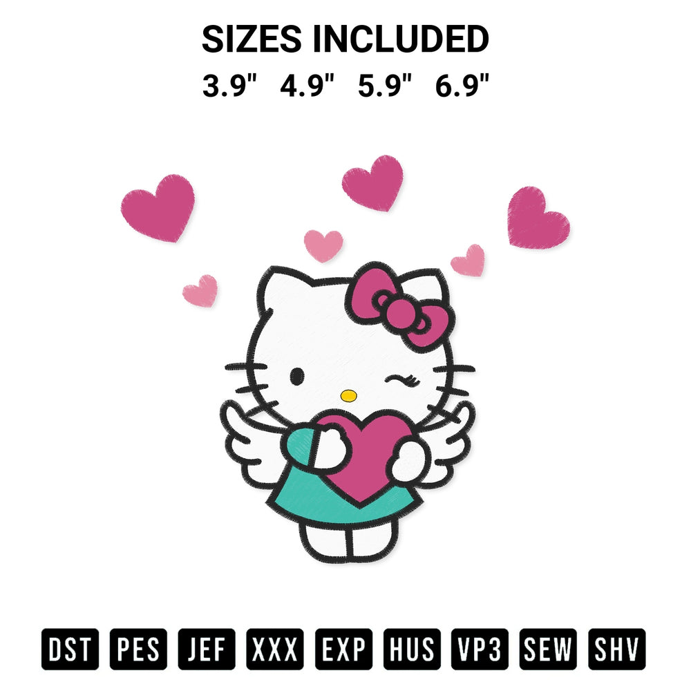 Transform your fabrics with the Hello Kitty Angel Valentine Embroidery Design embroidery design. Instant access to premium digitized patterns at Designspacks.com. Available sizes: 3.9", 4.9", 5.9", 6.9".
