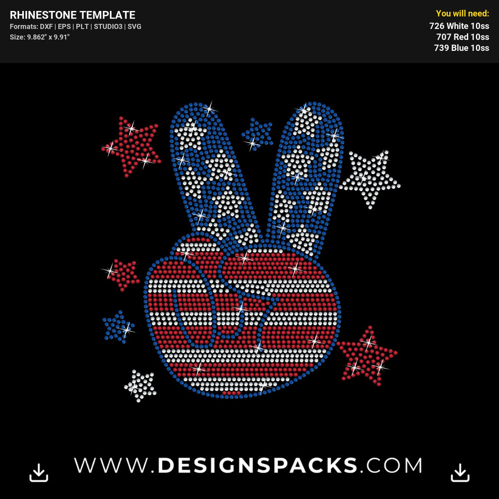 4Th July Groovy Peace Hand Sign Rhinestone Digital Template