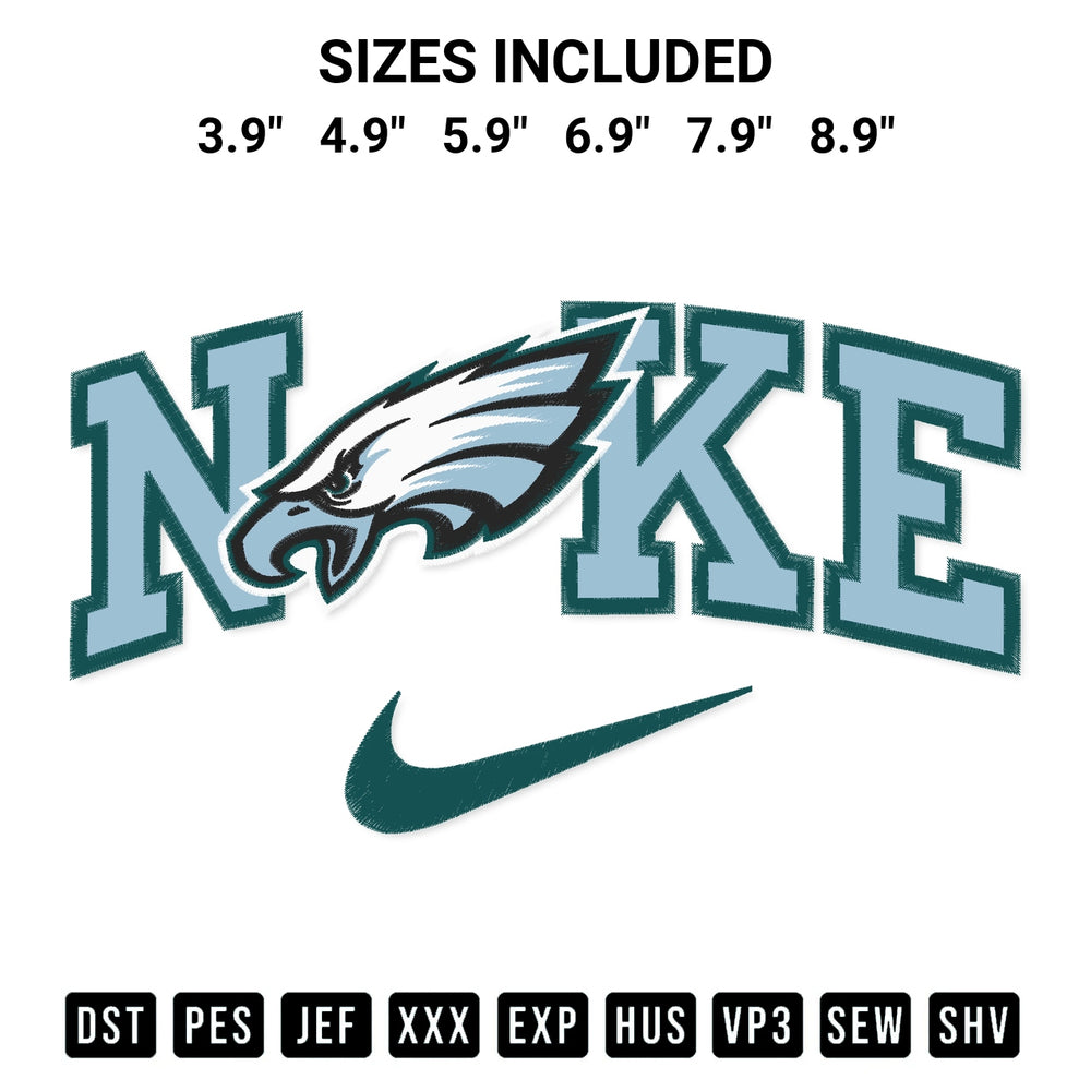 Stitch like a pro with the Philadelphia Eagles X Nike Embroidery Design embroidery pattern from Designspacks.com. High-quality digital machine embroidery file. Available sizes: 3.9", 4.9", 5.9", 6.9", 7.9", 8.9".