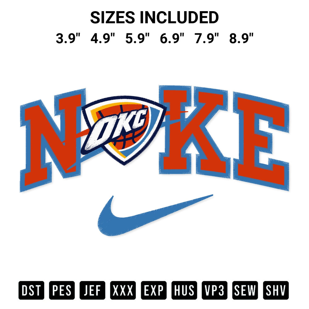 Shop the Oklahoma City Thunder X Nike Embroidery Design machine embroidery pattern at Designspacks.com. Beautifully digitized for flawless stitching on any fabric. Available sizes: 3.9", 4.9", 5.9", 6.9", 7.9", 8.9".