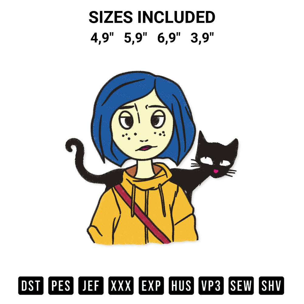Get the Coraline And Black Cat Logo Embroidery Design embroidery design for your custom crafts! Premium digitized files available for instant download at Designspacks.com. Available sizes: 4,9", 5,9", 6,9", 3,9".