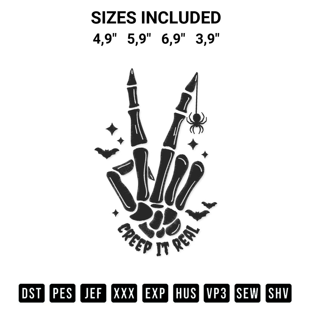 Elevate your next project with our Creep It Real Halloween Skeleton Hand Spooky Skeleton Bones Logo Embroidery Design embroidery file. Shop high-quality digital patterns instantly at Designspacks.com. Available sizes: 4,9", 5,9", 6,9", 3,9".