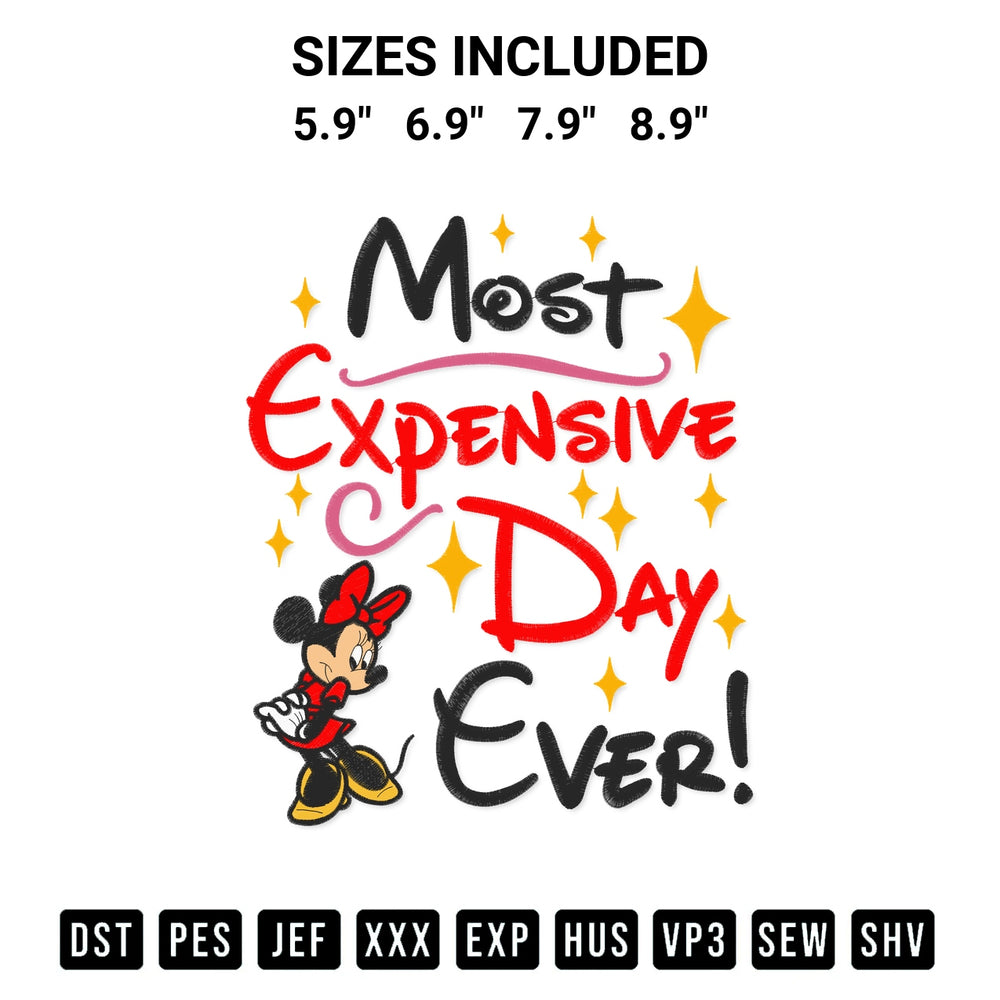 Download the Most Expensive Day Ever Minnie Embroidery Design machine embroidery design exclusively at Designspacks.com. Premium digitized pattern for apparel and DIY crafts. Available sizes: 5.9", 6.9", 7.9", 8.9".