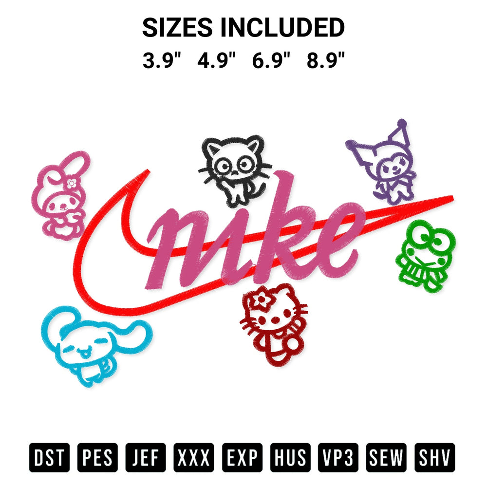 Stitch like a pro with the Hello Kitty Friends X Nike Embroidery Design embroidery pattern from Designspacks.com. High-quality digital machine embroidery file. Available sizes: 3.9", 4.9", 6.9", 8.9".