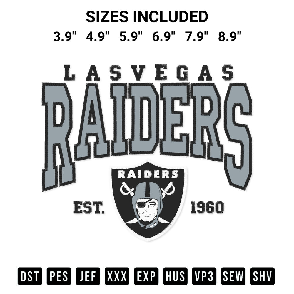 Shop the Las Vegas Raiders Embroidery Design machine embroidery pattern at Designspacks.com. Beautifully digitized for flawless stitching on any fabric. Available sizes: 3.9", 4.9", 5.9", 6.9", 7.9", 8.9".