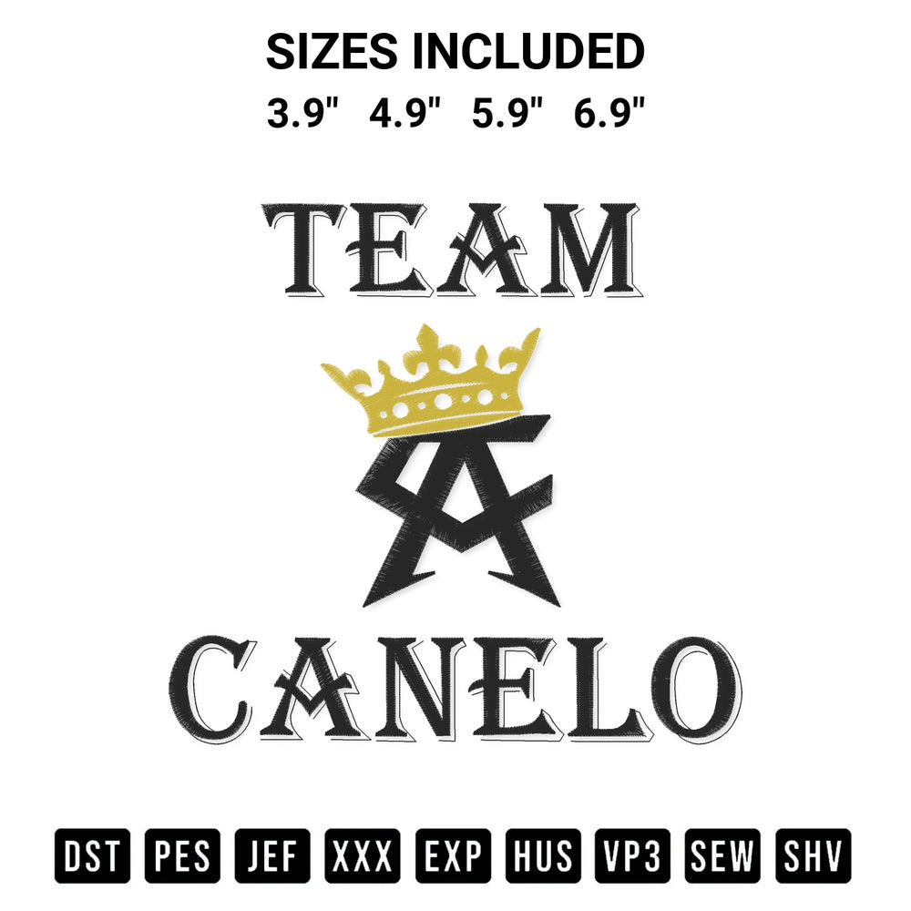Download the Team Canelo Crown Embroidery Design machine embroidery design exclusively at Designspacks.com. Premium digitized pattern for apparel and DIY crafts. Available sizes: 3.9", 4.9", 5.9", 6.9".
