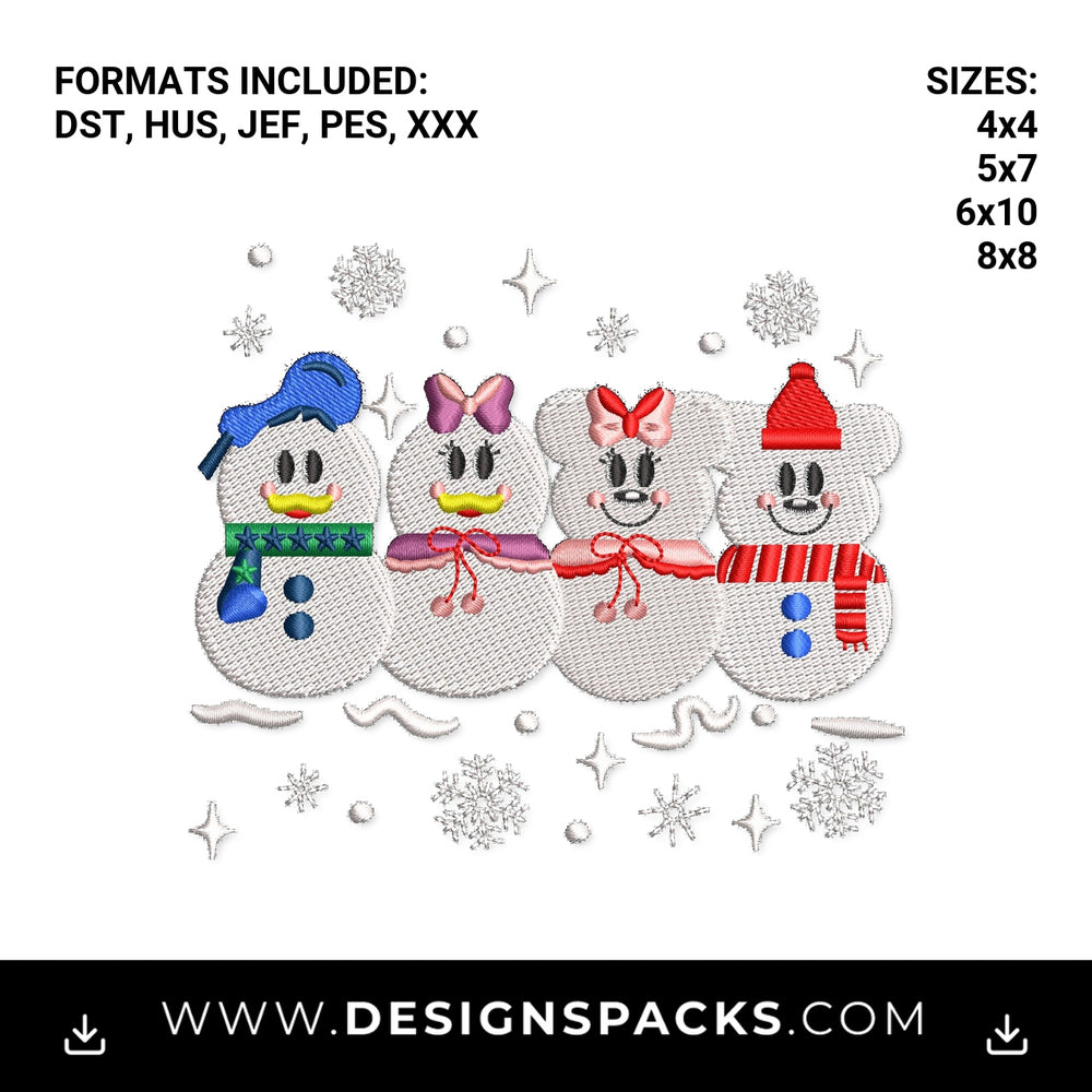 Cute Winter Cartoon Snowmen Friends Embroidery Design - Instant digital download pattern at Designspacks.com