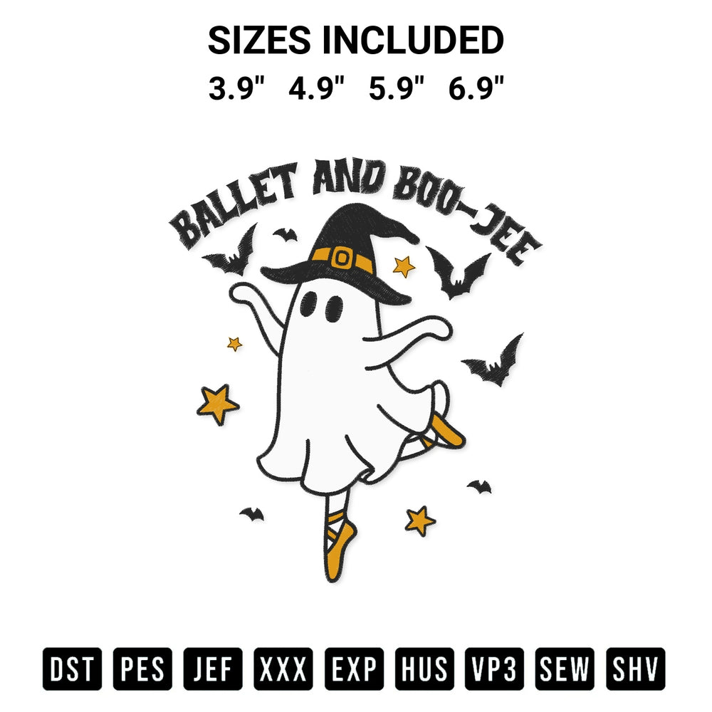 Stitch like a pro with the Ballet And Boo Jee Ghost Embroidery Design embroidery pattern from Designspacks.com. High-quality digital machine embroidery file. Available sizes: 3.9", 4.9", 5.9", 6.9".