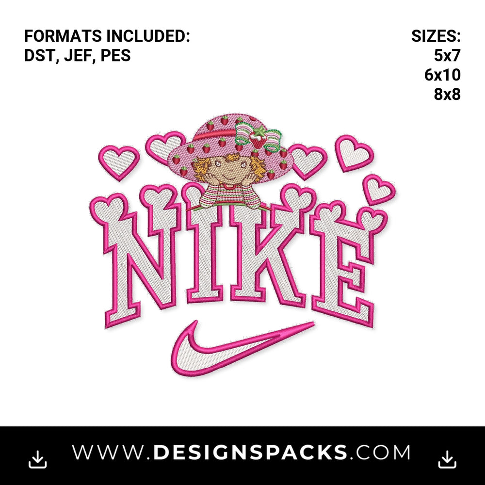Strawberry Shortcake Pink Nike Hearts Embroidery Design - Instant digital download pattern at Designspacks.com