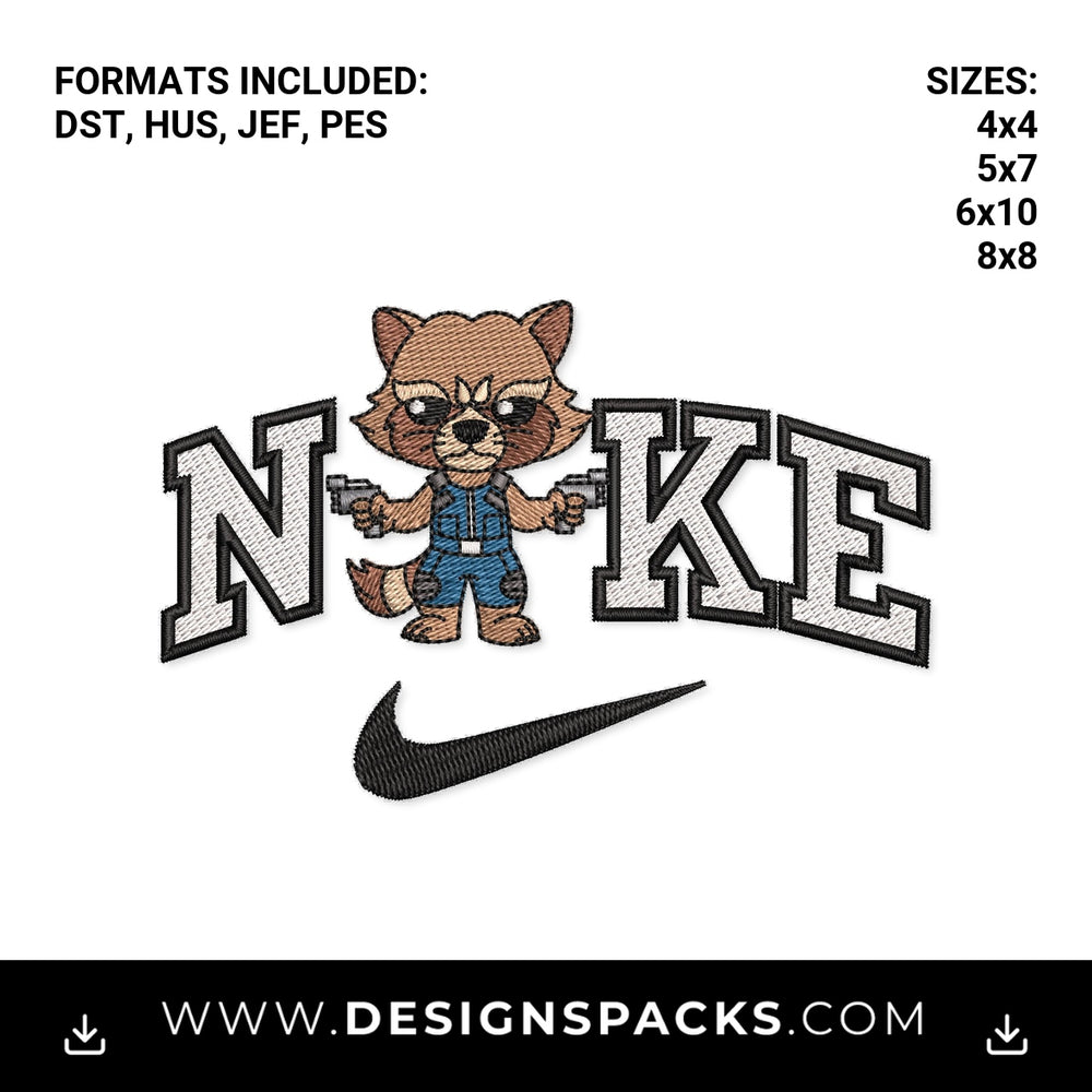 Rocket Raccoon Nike Varsity Swoosh Embroidery Design - Instant digital download pattern at Designspacks.com