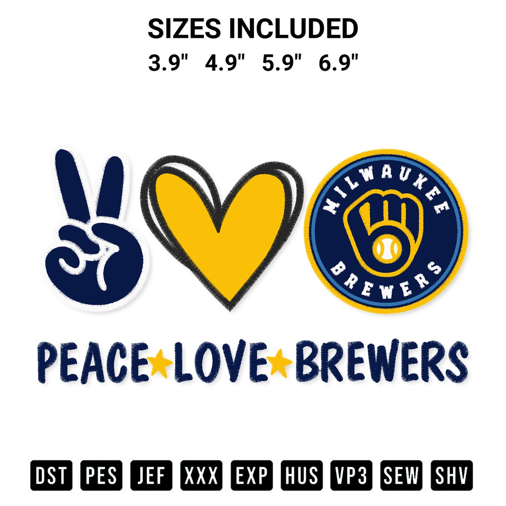 Add a unique touch to your apparel with the Peace Love Milwaukee Brewers Embroidery Design embroidery file. Premium instant download available now on Designspacks.com. Available sizes: 3.9", 4.9", 5.9", 6.9".