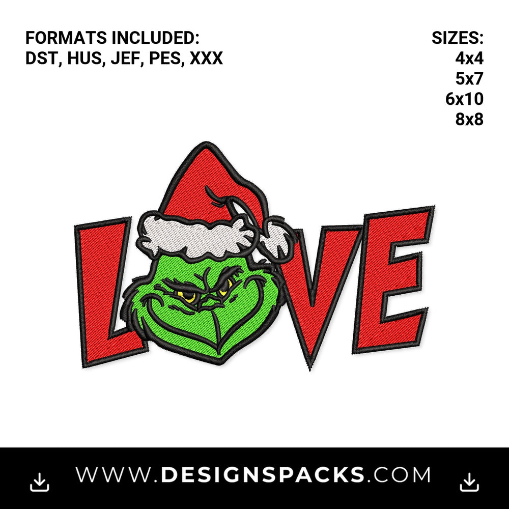 Christmas Grinch LOVE with Santa Hat Embroidery Design - Instant digital download pattern at Designspacks.com
