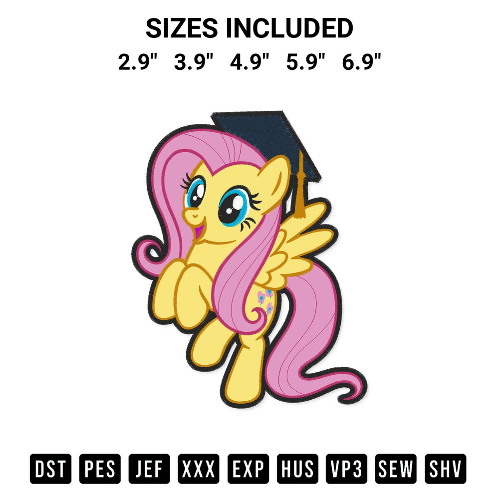 Transform your fabrics with the Fluttershy Graduation Embroidery Design embroidery design. Instant access to premium digitized patterns at Designspacks.com. Available sizes: 2.9", 3.9", 4.9", 5.9", 6.9".