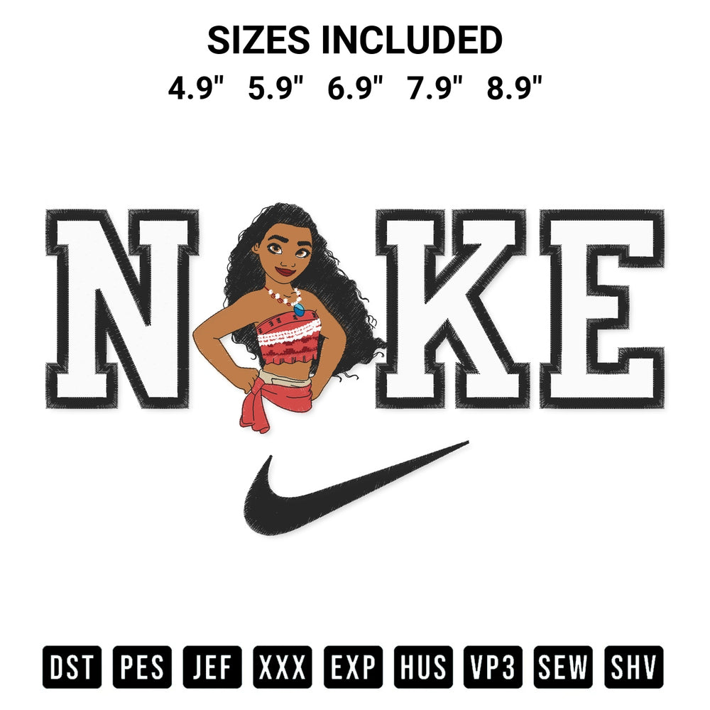 Add a unique touch to your apparel with the Princess Moana X Nike Embroidery Design embroidery file. Premium instant download available now on Designspacks.com. Available sizes: 4.9", 5.9", 6.9", 7.9", 8.9".