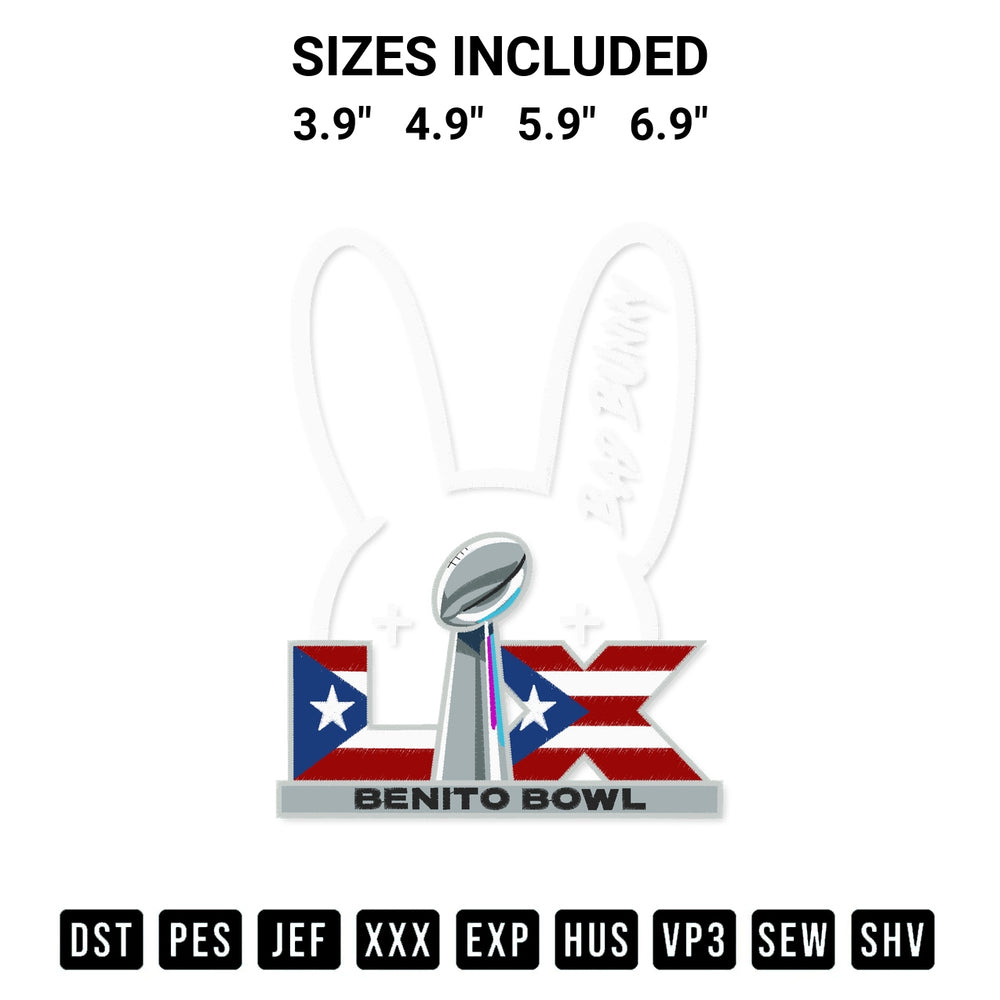 Transform your fabrics with the Benito Bowl 2026 Bad Bunny Embroidery Design embroidery design. Instant access to premium digitized patterns at Designspacks.com. Available sizes: 3.9", 4.9", 5.9", 6.9".