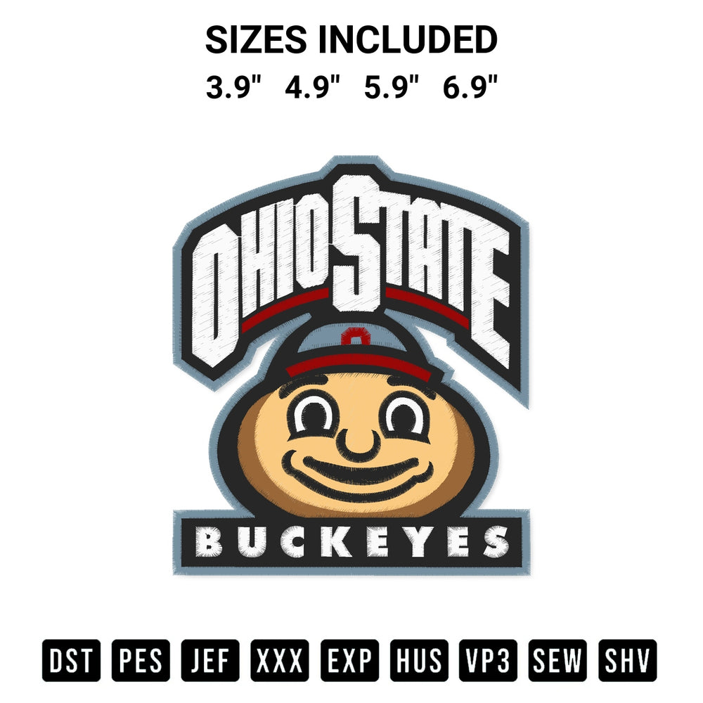 Add a unique touch to your apparel with the Ohio State Buckeyes University Mascot Embroidery Design embroidery file. Premium instant download available now on Designspacks.com. Available sizes: 3.9", 4.9", 5.9", 6.9".