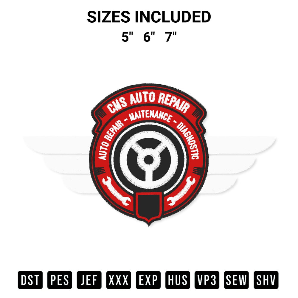 Create amazing crafts with the Cmc Auto Repair Embroidery Design embroidery file. High-quality digital download from Designspacks.com, perfect for beginners and pros. Available sizes: 5", 6", 7".