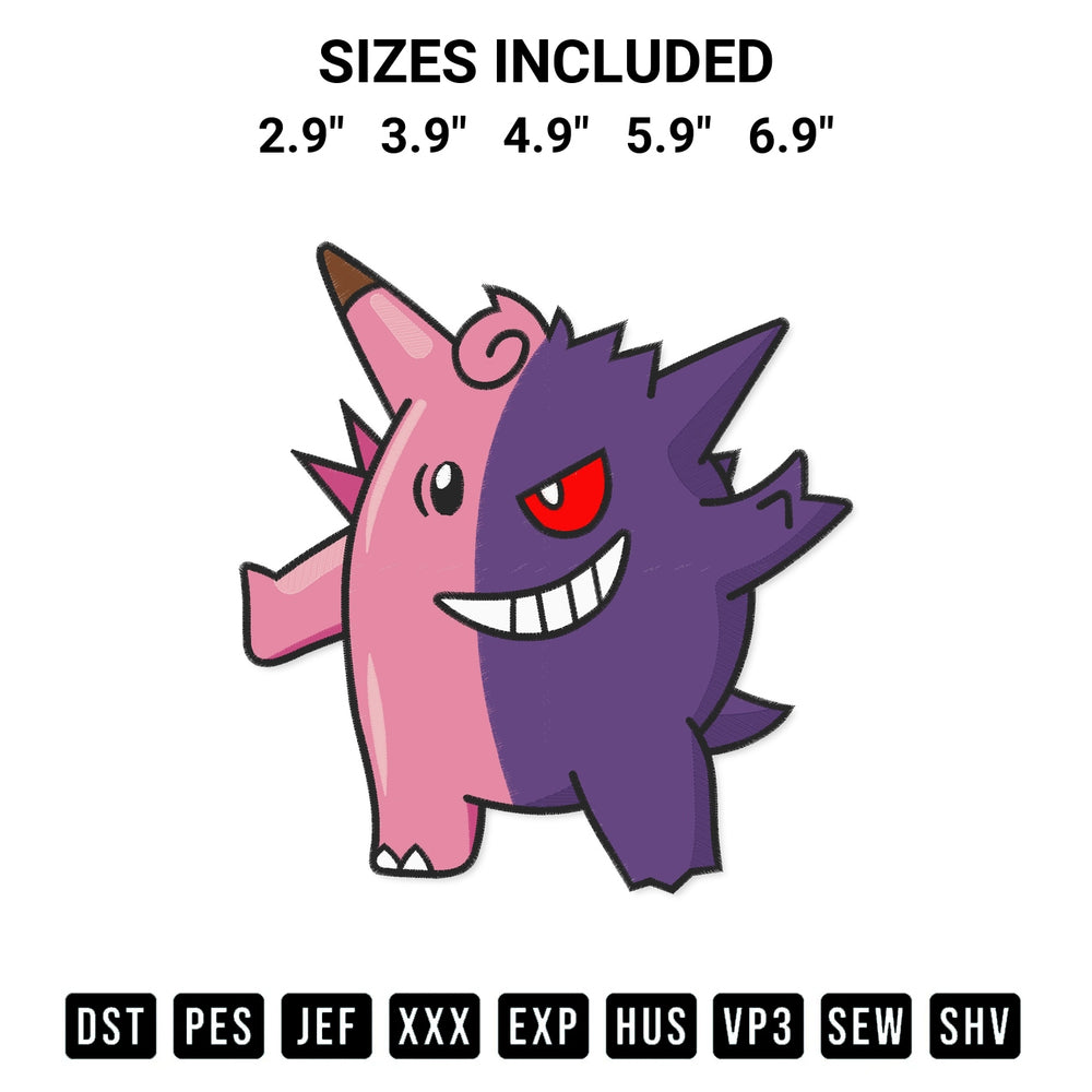 Transform your fabrics with the Clefable Gengar Pokemon Embroidery Design embroidery design. Instant access to premium digitized patterns at Designspacks.com. Available sizes: 2.9", 3.9", 4.9", 5.9", 6.9".