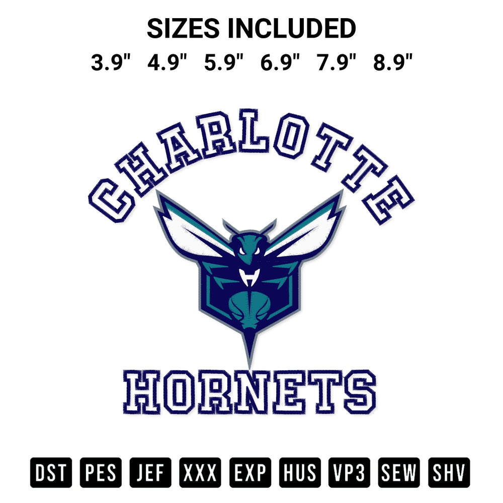 Discover the perfect addition to your crafting collection: Charlotte Hornets Team Embroidery Design embroidery file. Instantly available at Designspacks.com. Available sizes: 3.9", 4.9", 5.9", 6.9", 7.9", 8.9".