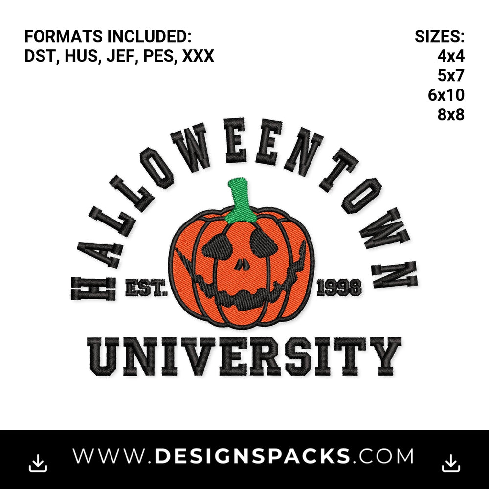 Halloweentown University Est 1998 Pumpkin Embroidery Design - Instant digital download pattern at Designspacks.com