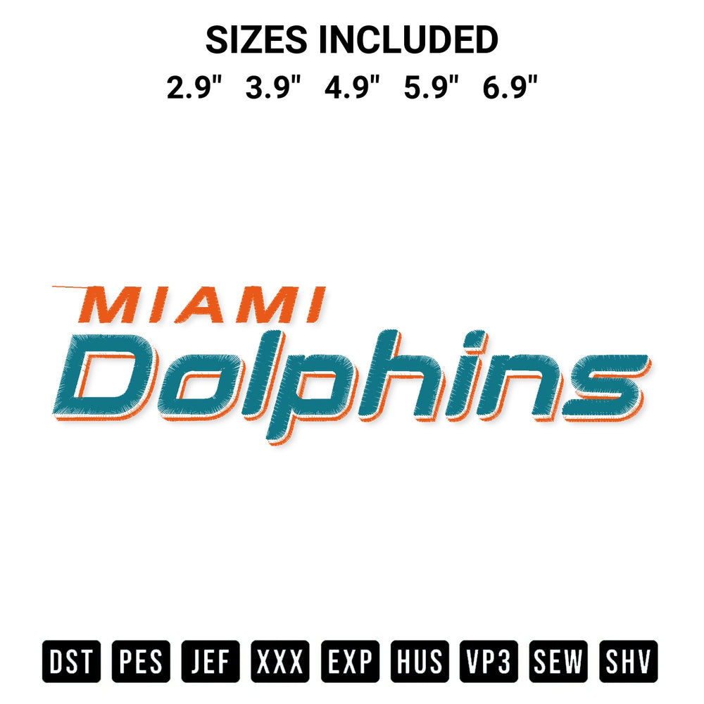 Download the Miami Dolphins Wordmark Embroidery Design machine embroidery design exclusively at Designspacks.com. Premium digitized pattern for apparel and DIY crafts. Available sizes: 2.9", 3.9", 4.9", 5.9", 6.9".