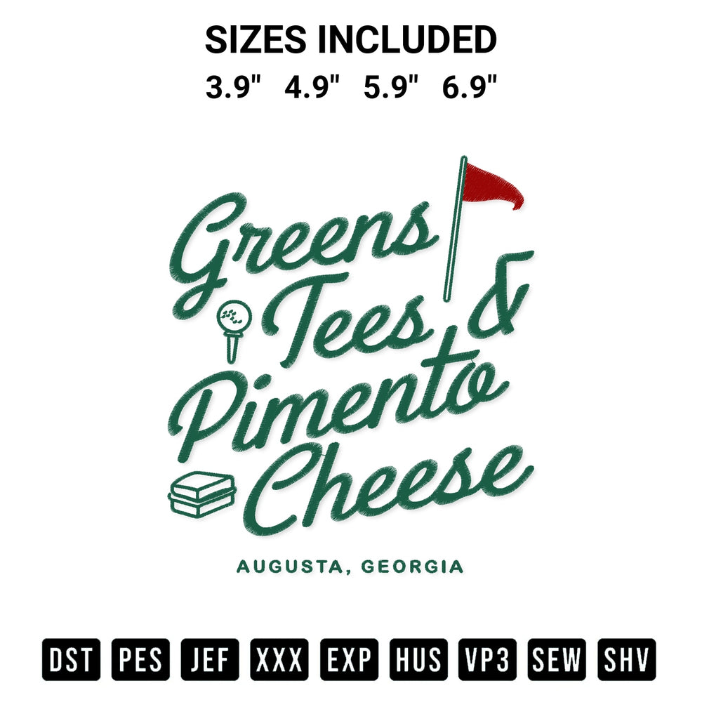 Transform your fabrics with the Greens Tees Pimento Cheese Augusta Georgia Embroidery Design embroidery design. Instant access to premium digitized patterns at Designspacks.com. Available sizes: 3.9", 4.9", 5.9", 6.9".