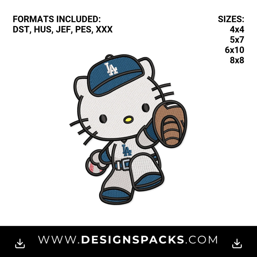 Hello Kitty LA Dodgers Baseball Player Embroidery Design - Instant digital download pattern at Designspacks.com